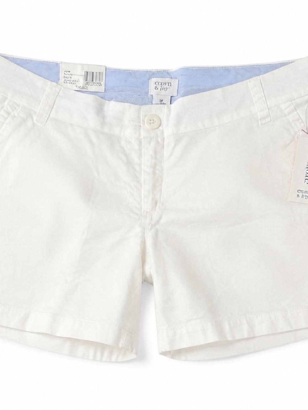 crown & ivy White Cotton Shorts with Light Blue Waistband Lining